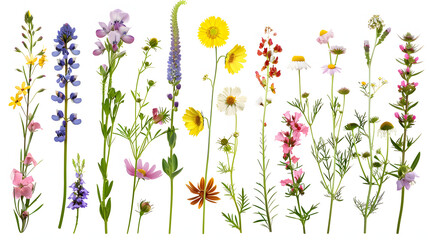 Fototapeta premium Many different meadow flowers isolated on white, set isolated on white background, png 