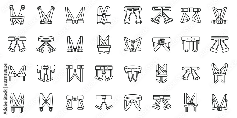Poster climbing harness icons set vector. a collection of straps and harnesses are shown in a grid. the str