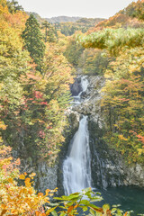 Landscape View Of Beautiful Waterfall (Hottai Falls, Hottai-No-Taki) With Colorful Autumn Leaves At Yurihonjo, Akita, Tohoku, Japan