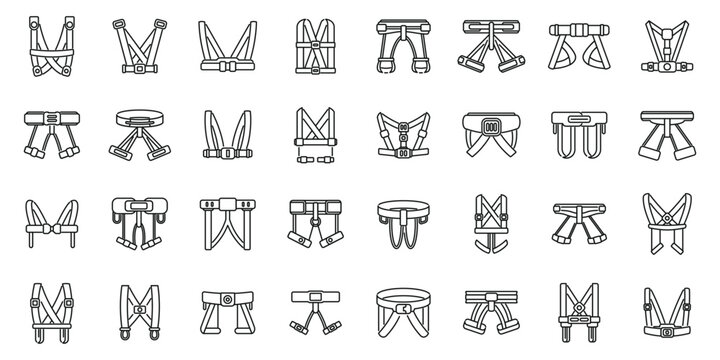 Climbing harness icons set vector. A collection of straps and harnesses are shown in a grid. The straps are of various sizes and colors, and they are all connected to a central point. Scene is one of