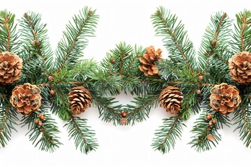 Pine cones and branches close-up on white background