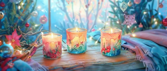 Soft focus on Christmas candles on a wooden table, blurred holiday decorations, warm tones, cozy ambiance, Oil painting