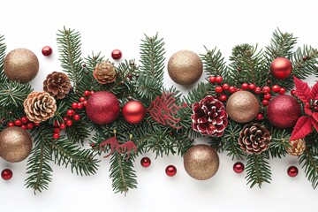 Fototapeta premium Holiday adornments on white backdrop featuring cones and flowers