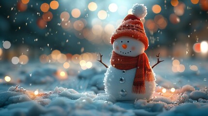 Cheerful snowman with a scarf and hat, snowcovered park, glowing bokeh lights, AI generated, warm and cute, Illustration 8K , high-resolution, ultra HD,up32K HD