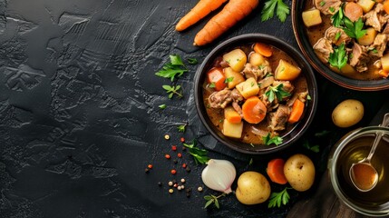 Relish the savory, satisfying taste of a traditional Irish stew, filled with tender lamb, potatoes, carrots, and onions, slow-cooked to perfection.
