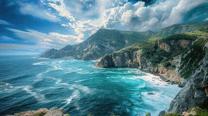 Fototapeta premium Coastal landscape with cliffs and ocean waves, symbolizing the beauty and power of natural environments
