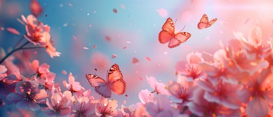 Pink sakura flowers, fluttering butterflies, blue sky background, dreamy and romantic spring nature, AI generated, artistic, Digital Art 8K , high-resolution, ultra HD,up32K HD