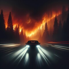 fast car escaping wildfire
