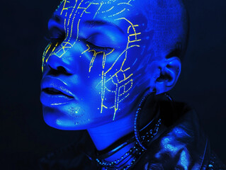 Studio photo of a Black person with phosphorescent paint and ultraviolet ligh