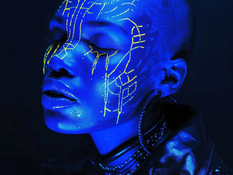 Studio photo of a Black person with phosphorescent paint and ultraviolet ligh