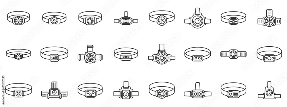 Poster headlamp icons set vector. a collection of different types of rings and bracelets. the rings and bra