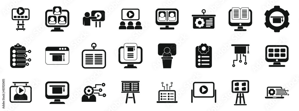 Poster classroom management software icons set vector. a collection of computer icons, including a computer