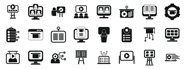 Classroom management software icons set vector. A collection of computer icons, including a computer monitor, a keyboard, a mouse, and a projector