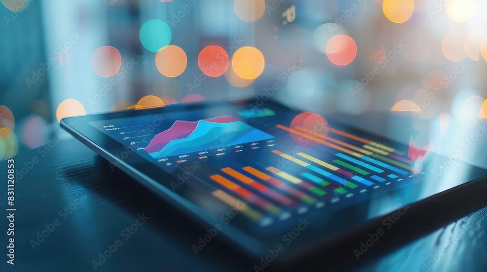 Poster digital tablet with business analytics displayed, symbolizing mobile business management