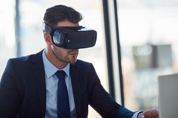 Business, man and vr with laptop for future technology, vision and virtual reality for corporate...