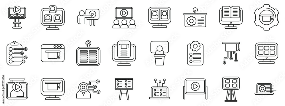 Poster classroom management software icons set vector. a set of icons for a computer screen. the icons incl
