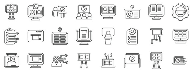 Classroom management software icons set vector. A set of icons for a computer screen. The icons include a computer monitor, keyboard, mouse, and a projector