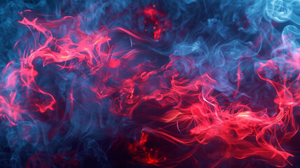 Fototapeta premium Shimmering azure smoke with striking neon red swirls for an engaging stage setting,