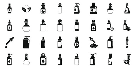 Massage oil icons set vector. A collection of various bottles and containers, including a bottle of perfume, a bottle of lotion, and a bottle of medicine