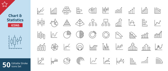 Business Graph and Charts Line Icons Set. Statistics, Analytics, Data, Financial Chart, Diagrams, Economy, Money, Candlesticks, Bar Charts, Pie Charts Etc. Editable Stroke Vector Illustration. 