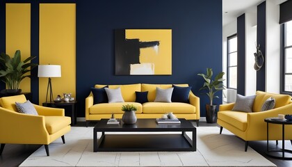 A huge living room's accent lounge. blue and yellow hues. The dark blue wall is empty, and a bright yellow sofa has mustard undertones. a mockup of a contemporary interior. 3D Render