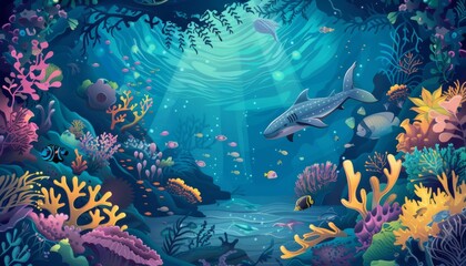 Fish and coral reefs under the sea. Underwater world with seaweeds and sea animals