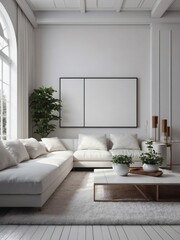 D-rendered white living room with blank wall, ideal for copy space. White floors add to the modern vibe.