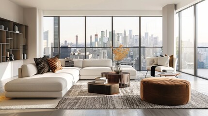 Contemporary urban living room with city views, modern furnishings, and minimalist design, reflecting cosmopolitan style and sophistication