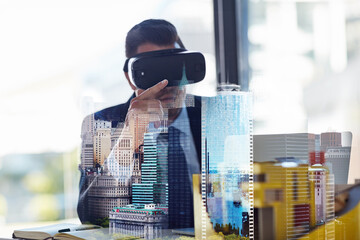 Business, man and vr with city overlay for future technology, vision and virtual reality as...