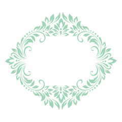 Round vintage frame, wreath, border of stylized leaves, flowers and curls. Retro, victorian style. Green lines on white background. Vector background, wallpaper, card
