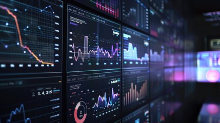 Financial data visualizations on a digital screen, representing business intelligence and strategy