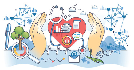 Big data in healthcare for medical info collection outline hands concept. Information gathering about patient health, diagnosis and illness treatment vector illustration. Hospital digital database.