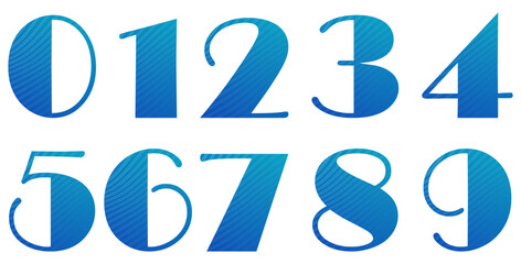 Set of blue numbers with pattern isolated on white. Alphabet with numbers. Vector graphic elements for design. Abstract pattern with lines