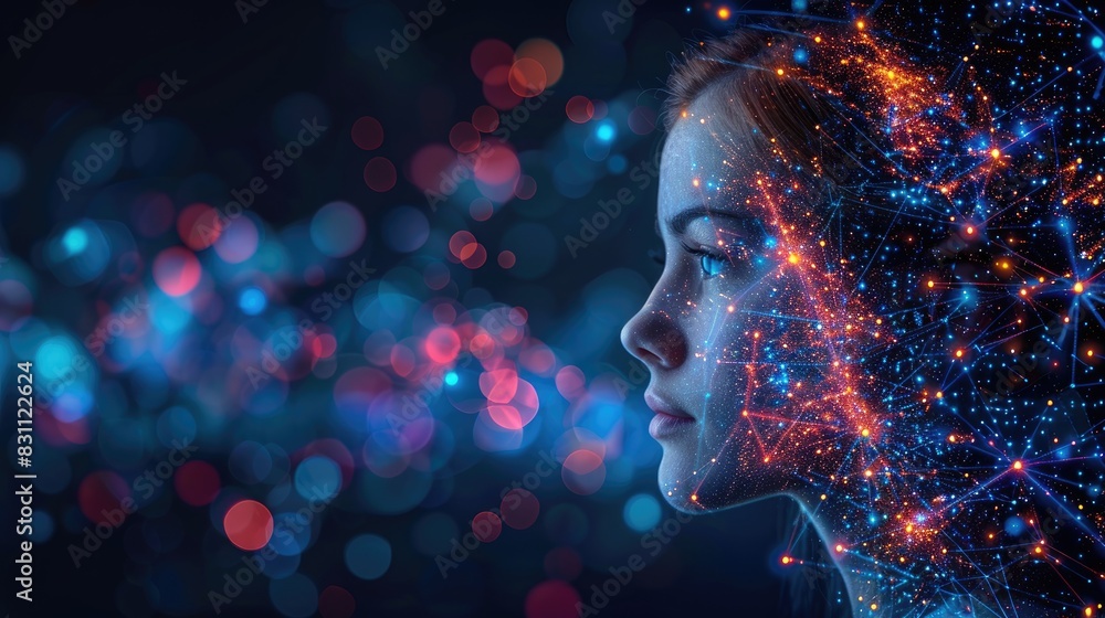 Poster side profile of a woman's face blended with vibrant digital networks and glowing data points, repres