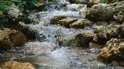 Forest stream with clear water flowing over rocks, illustrating natural water sources and ecosystem health