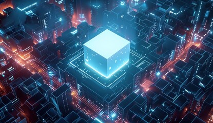 illustration of a white square cube floating in the center surrounded