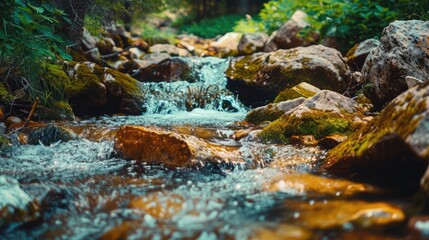 Fototapeta premium Forest stream with clear water flowing over rocks, illustrating natural water sources and ecosystem health