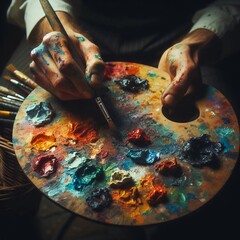 パレットを持つ画家の手もと