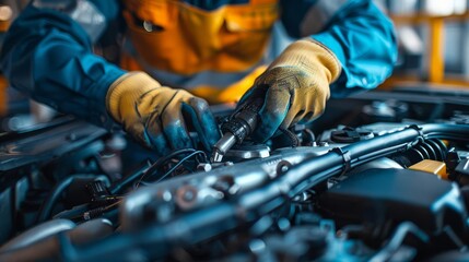 A mechanic using diagnostic tools, selective focus, troubleshooting theme, dynamic, overlay, service bay backdrop