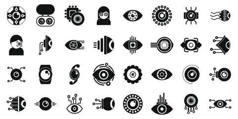 Eye implants icons set vector. A collection of black and white icons, including a person with a watch, a person with a camera, and a person with a computer