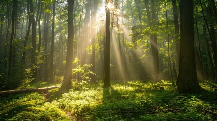 Obraz premium Lush green forest with sunlight filtering through the trees, symbolizing natural beauty and conservation