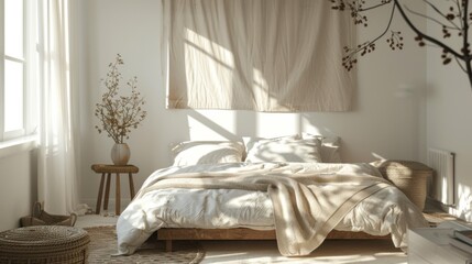 Cozy bedroom in a Nordic-style home, with a simple platform bed, warm textiles, and soft hues, creating a serene and restful retreat