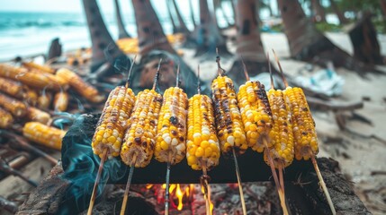 Grilled corn skewers being held at the beach with coconut trees in the background