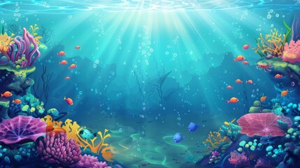 Naklejka premium Fish and coral reefs under the sea. Underwater world with seaweeds and sea animals