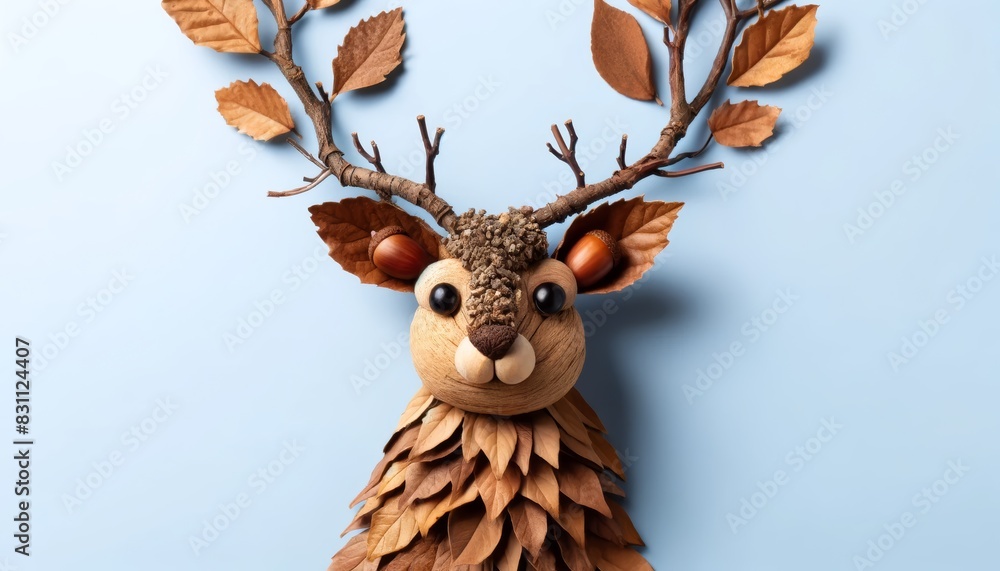 Sticker An elk crafted from brown leaves, with large antlers made from branching twigs. Eyes are acorns, and the nose is a small piece of wood. The background is a light blue color.