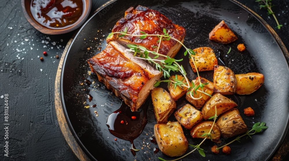 Canvas Prints crispy pork belly steak served with apple chutney and roasted potatoes, embodying the indulgent flav