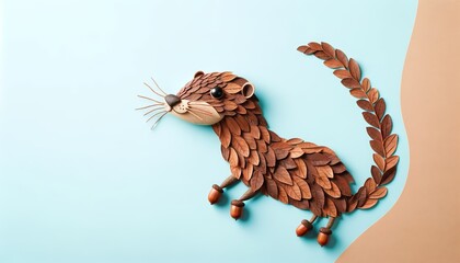 Obraz premium An otter crafted from brown leaves, with a long body and tail, small eyes made from acorns, and whiskers from small pieces of wood. The background is a light blue color.