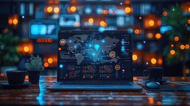 A laptop with a world map on the screen, glowing with digital data, sits on a desk with plants in the foreground.  The background is blurred with warm, colorful lights. - Powered by Adobe