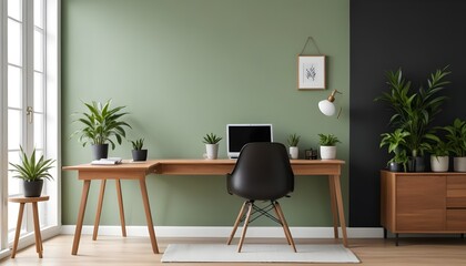 Blank sage green wall partition, white baseboard on the parquet floor in luxury, modern kitchen with wooden dining table, chair, cabinet, and cupboard. 3D Render