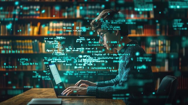 A programmer working late at night, surrounded by code and data, in a dimly lit library setting.